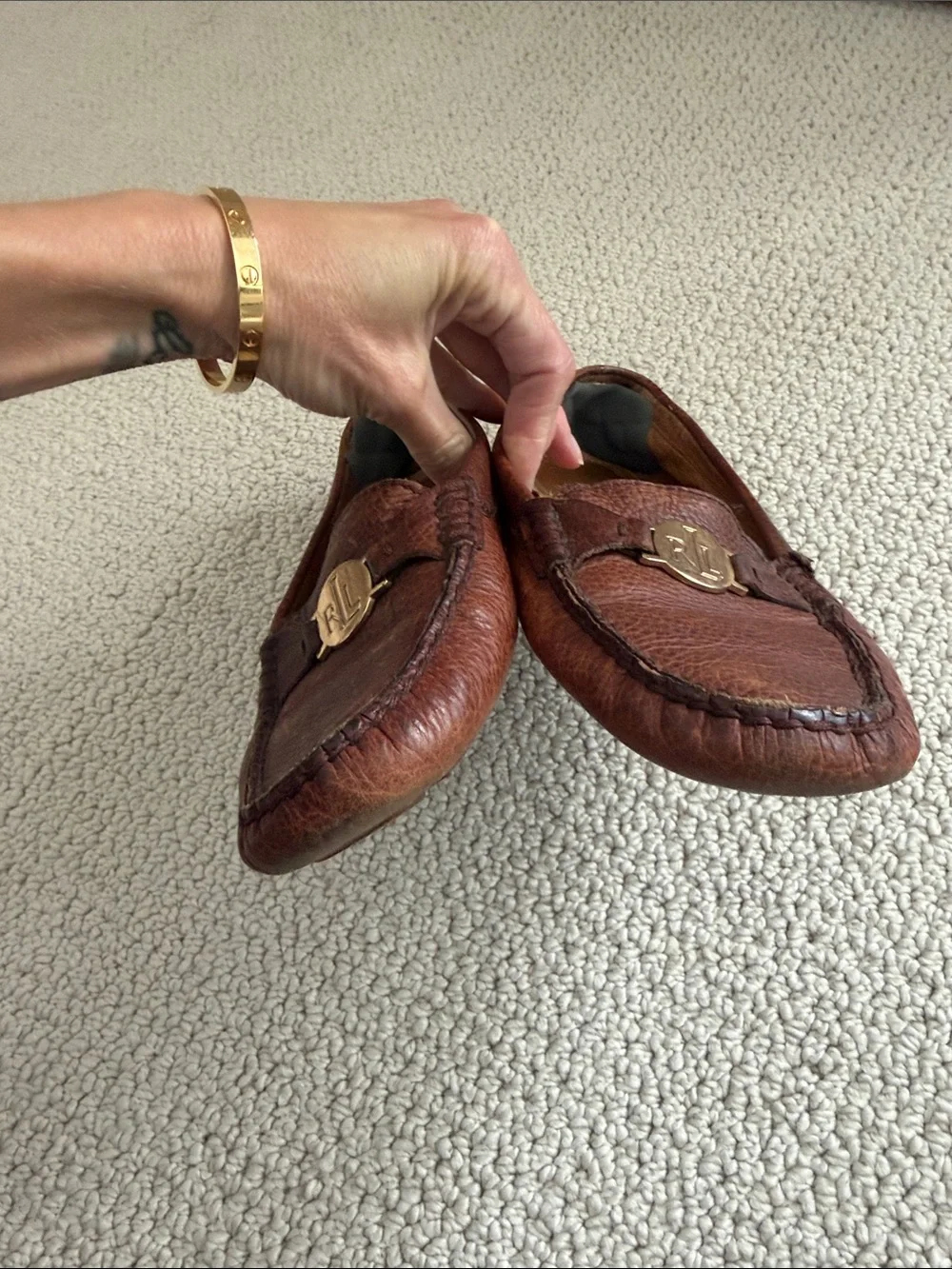 Ralph Lauren Brown Pebbled Leather Penny Loafers with Gold RL Medallion, 7 - Picture 7 of 7